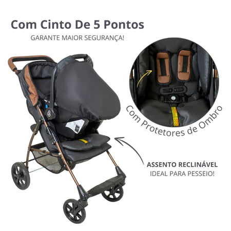 Carrinho De Bebê Romano E Bebê Conforto Carro até 22 kg 3 em 1 Berço Reclinável Retrátil