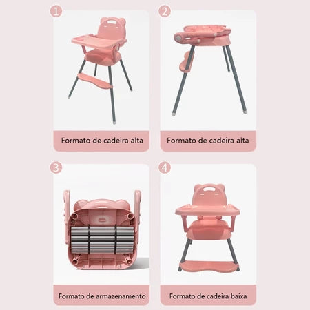 Cadeirinha de Alimentação Dobrável Mesa Ajustável em Altura Cadeira Alta Portátil Bebês