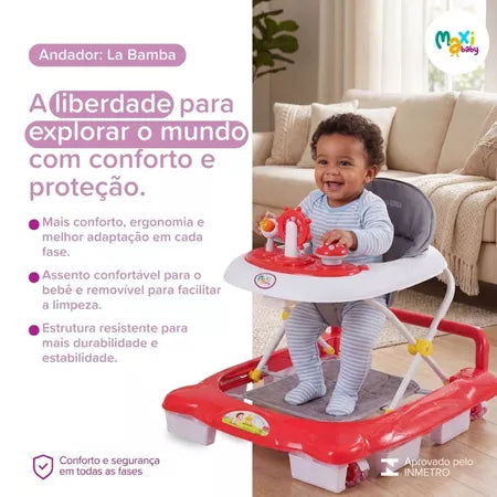 Andador Infantil Maxi Baby La Bamba 2 em 1 Musical com Empurrador 3 Ajustes de Altura