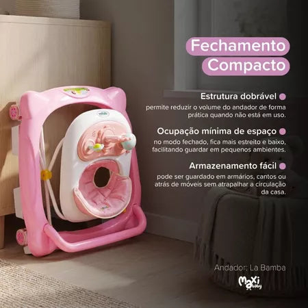 Andador Infantil Maxi Baby La Bamba 2 em 1 Musical com Empurrador 3 Ajustes de Altura