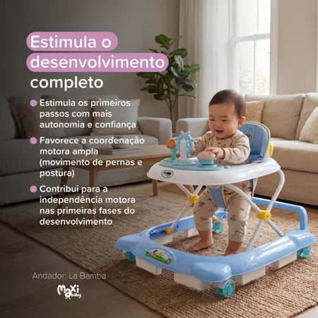 Andador Infantil Maxi Baby La Bamba 2 em 1 Musical com Empurrador 3 Ajustes de Altura