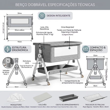 Berço Portátil Para Bebê Com Rede Mosqueteira E Altura Ajustável