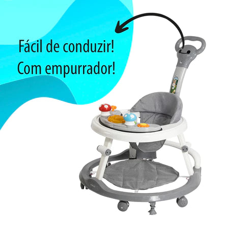 Andador Infantil KaBaby Step-Up Cinza com Capota Brinquedo Musical Luz e Som Empurrador