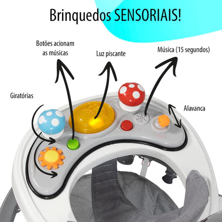 Andador Infantil KaBaby Step-Up Cinza com Capota Brinquedo Musical Luz e Som Empurrador