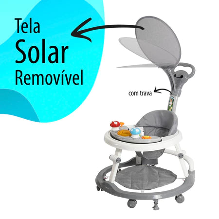 Andador Infantil KaBaby Step-Up Cinza com Capota Brinquedo Musical Luz e Som Empurrador