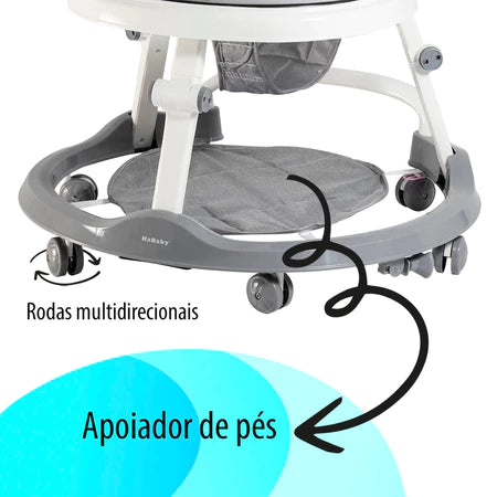 Andador Infantil KaBaby Step-Up Cinza com Capota Brinquedo Musical Luz e Som Empurrador