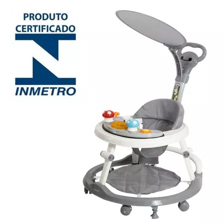 Andador Infantil KaBaby Step-Up Cinza com Capota Brinquedo Musical Luz e Som Empurrador